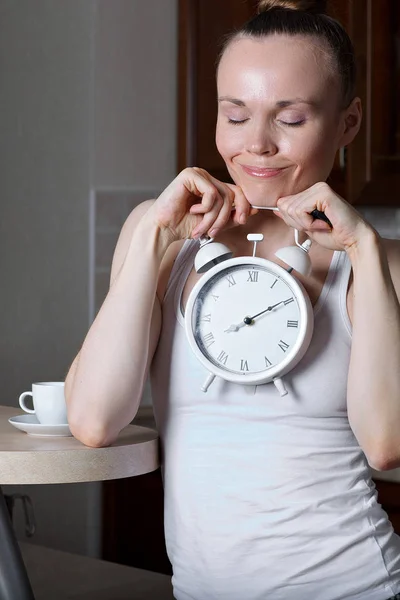 Young Caucasian Lady Years Old Drinking Espresso Bar Table Kitchen — Stock Photo, Image