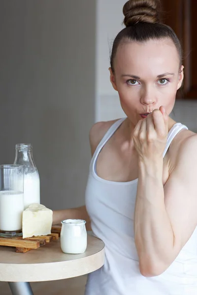 Young Lady Years Old Eating Natural Yogurt Closeup — Stock Photo, Image