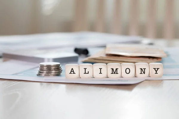Слово Alimony Складається Дерев Яних Літер Крупним Планом — стокове фото