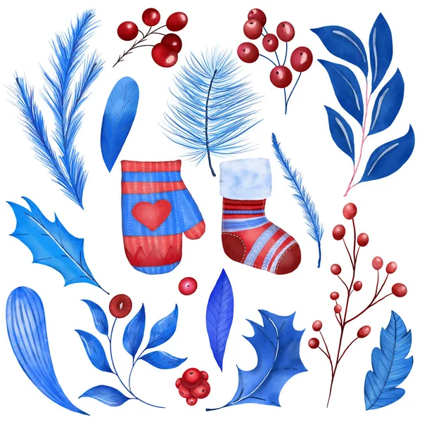 Conjunto Decoração Azul Vermelho Natal Meia Luva Folhas — Fotografia de Stock