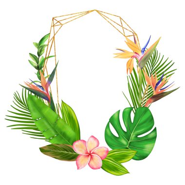 Altın Geometrik Şekilli Tropikal Çiçek Çerçeveleri