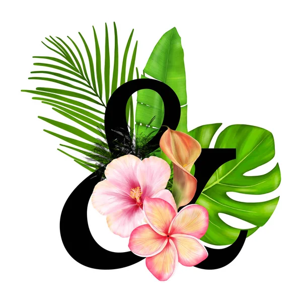 Ampersand. Tropical Decoration Alphabet Logo With Tropical Flowers And Leaves