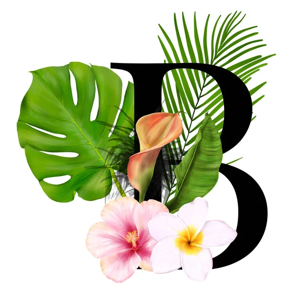 Letter B. Tropical Decoration Alphabet Logo With Tropical Flowers And Leaves