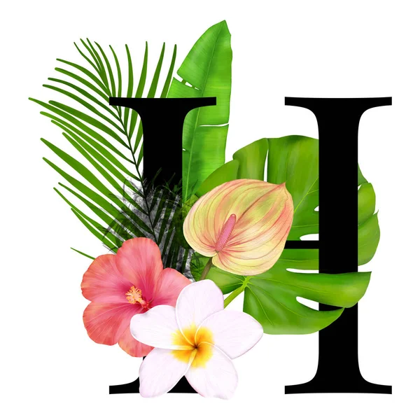 Carta Logotipo Alfabeto Decoração Tropical Com Flores Folhas Tropicais — Fotografia de Stock