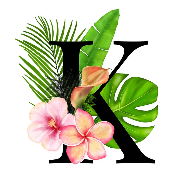 Letter K. Tropical Decoration Alphabet Logo With Tropical Flowers And Leaves