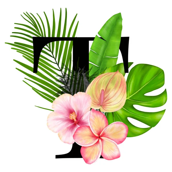 Letra Logotipo Del Alfabeto Decoración Tropical Con Flores Tropicales Hojas — Foto de Stock