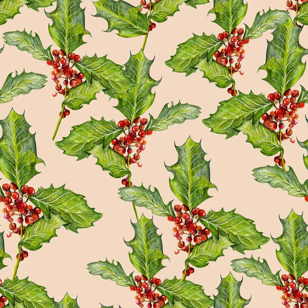 Pattern with holly tree, hand drawn illustration.