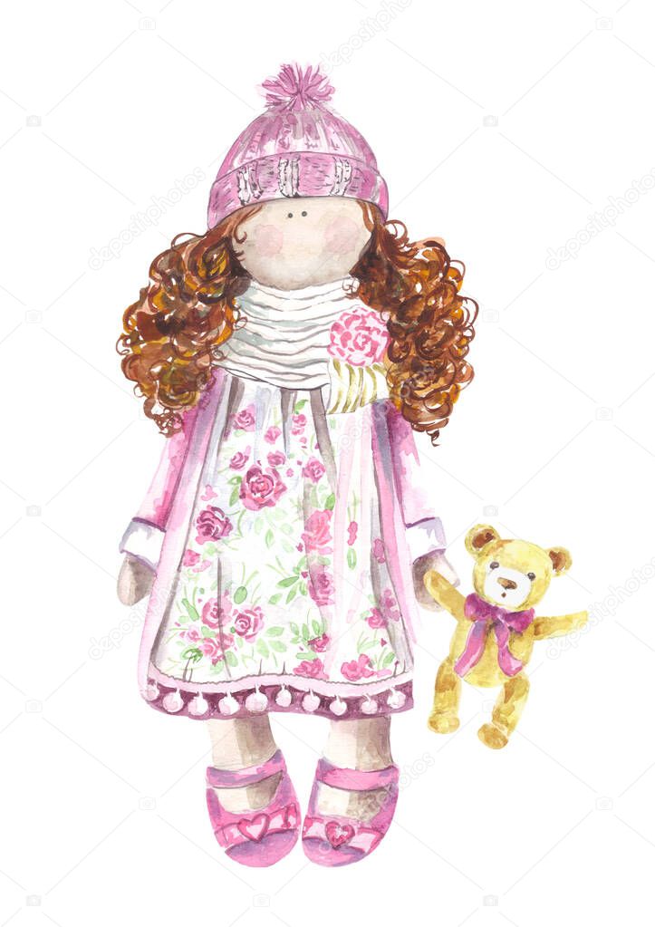 Curly girl, doll drawn with watercolor, bear toy.
