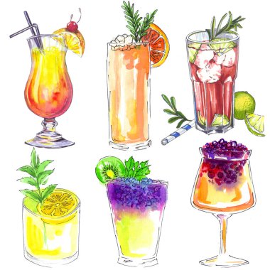 Set of diffrent watercolor cocktails, hand drawn clipart