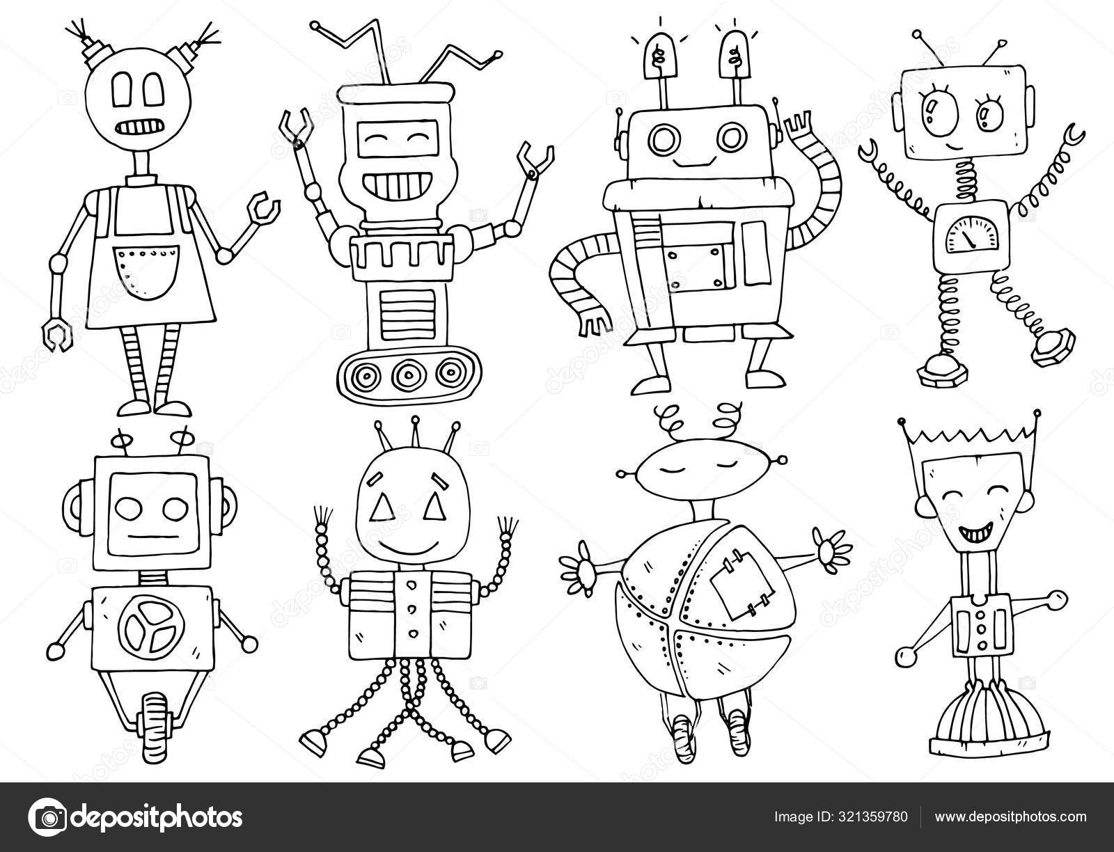 Desenho em estilo doodle robô bonito desenho de linha simples de um robô  engraçado