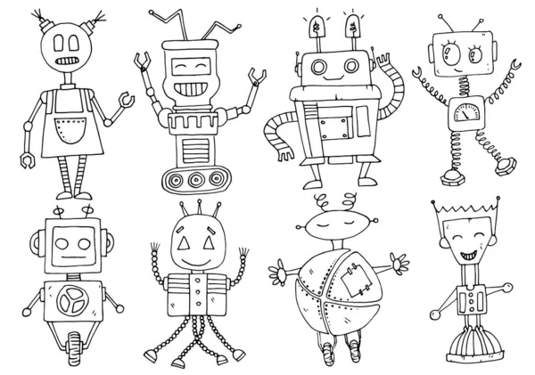 Çizgi film modası geçmiş komik robotlar. Vektör illüstrasyonunun kümesi.