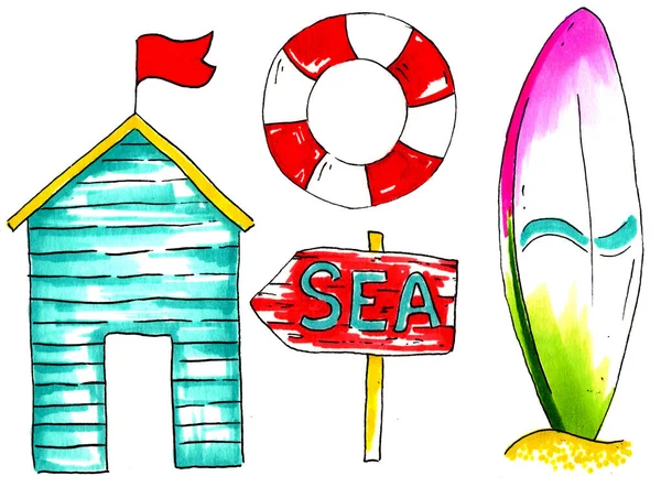 summer beach icons, stickers design, marker drawn illustration