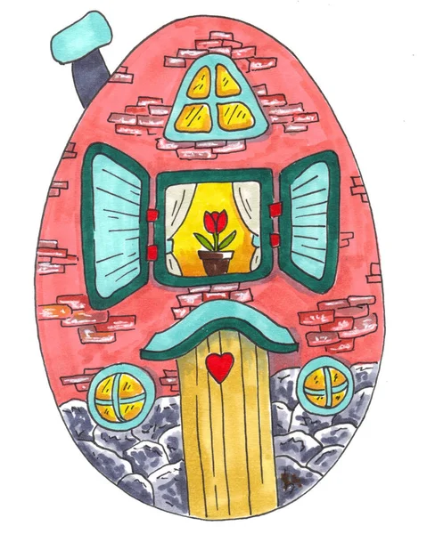 Pink egg house, easter greeting card, illustration element for book