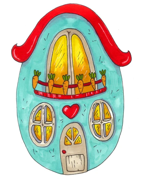 Yumurta evi, çizgi roman tarzı, peri masalı illüstrasyonu, kitap ögesi. El işaretleri ile çizilmiş..