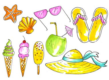 Yaz plajı kıyafetleri, şapka, güneş gözlükleri, terlikler, deniz kabukları, hindistan cevizi kokteyli..