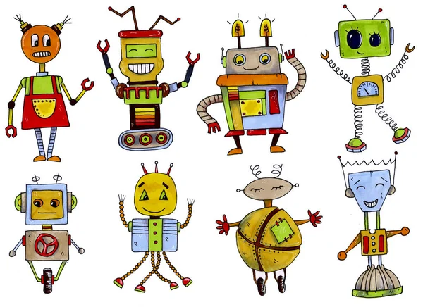 Çizgi film modası geçmiş komik robotlar. İşaretleyici çizildi.