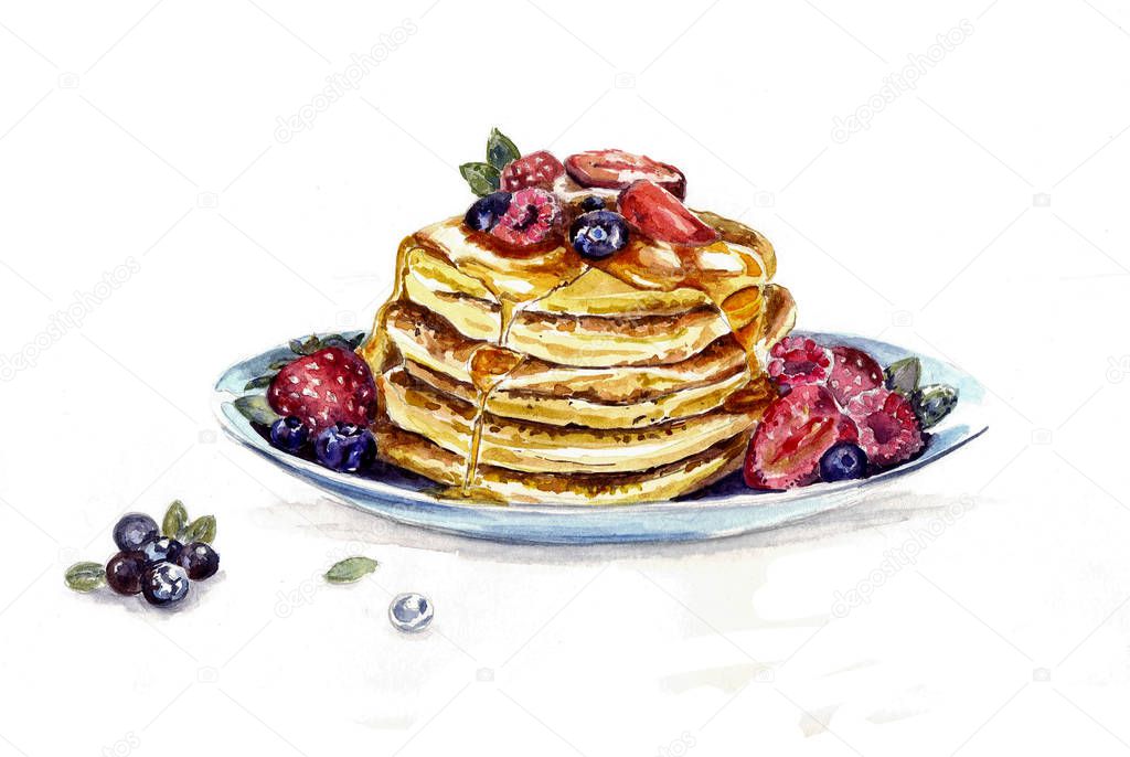 Sweet pancakes on plate, maple syrup, blueberry, raspberry.