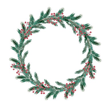 Kırmızı böğürtlenli Noel çelengi aşkına. Tebrik kartı ögesi.