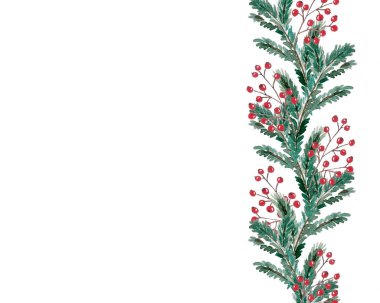 Köknar dalları ve kırmızı toplar dekoru olan Noel arkaplanı.