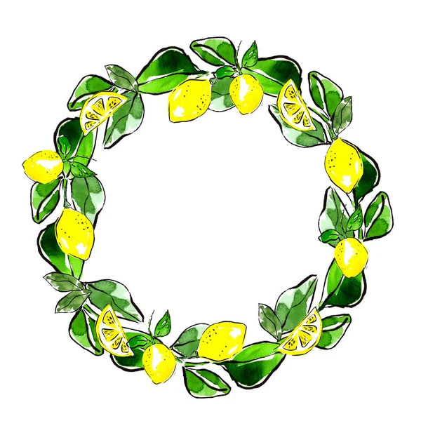 Corona de hojas y limones con espacio para el texto. Frutas amarillas de verano . —  Fotos de Stock