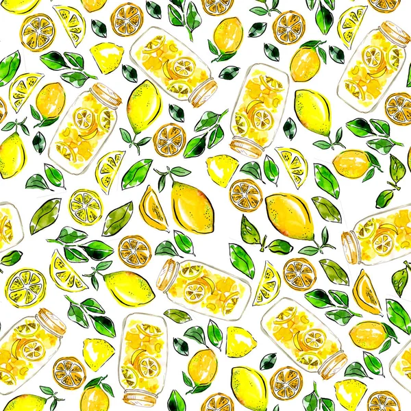 Patrón de limón, con frascos y hojas. Diseñado para teatowel, papel de envolver, manteles o envases de tarro de mermelada . — Foto de Stock