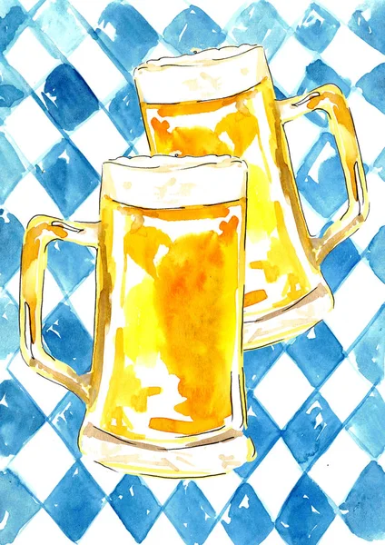 October fest, two beer mugs, watercolor drawn — Stock Photo, Image