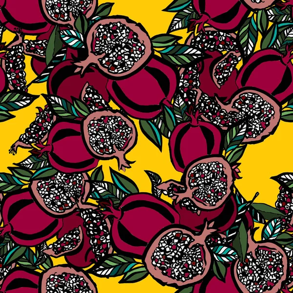 Pomegranate seamless pattern on yellow background. Fabric design. Kitchen decor. Floral illustration. Hand drawn with inks. — Stock Photo, Image