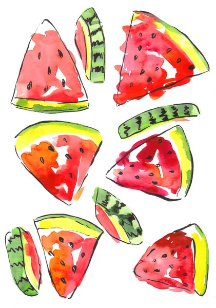 Acuarela de sandía, pieza jugosa, composición de verano de rodajas rojas de sandía. Ilustración de frutas, verano — Foto de Stock