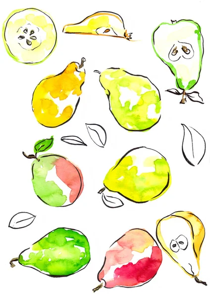 Hand drawn pears set. Watercolor colorful illustration for cook book or kitchen decoration. Isolated icons set. — Stock Photo, Image