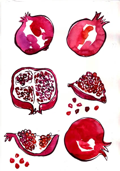 Watercolor abstract pomegranate, hand drawn fruit. Kitchen illustration. — Stock Photo, Image