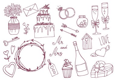 Sketch düğün ikonlarının vektör seti. Çizgi çalışması. Doodle tarzı. Davet, menü ve dekoratif öğeler için romantik illüstrasyon.