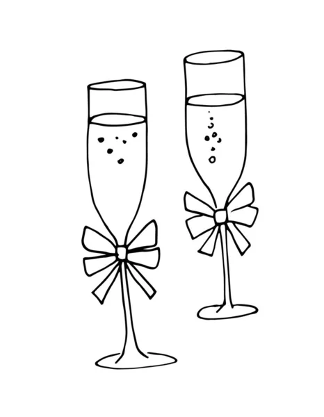 Bicchieri da sposa di champagne con fiocchi. stile doodle, line art. Illustrazione per invito e menu . — Vettoriale Stock