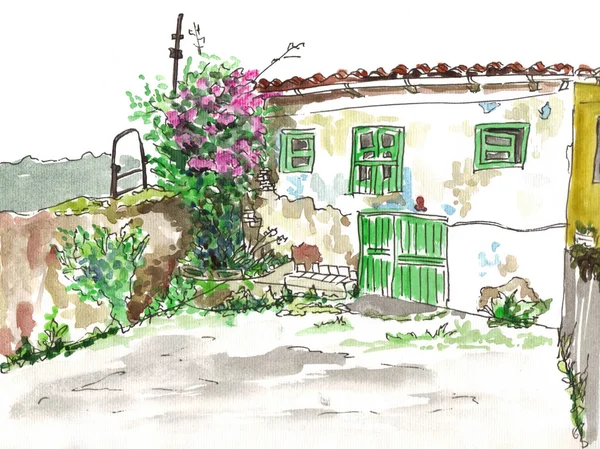 İspanya 'daki eski şehrin çizimi. Köyün tasviri. El çizimi. Kartpostal tasarımı, seyahat kitabı resmi.