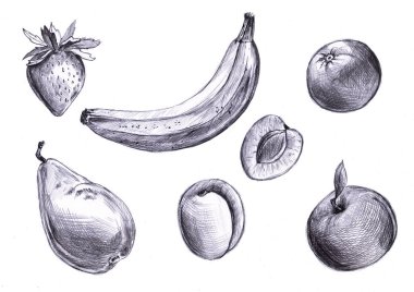 Kalem çizilmiş meyveler, muz, armut, kayısı, çilek, elma. Serbest çizim. Paket tasarımı için illüstrasyon, eko doğal, detoks gıdalar.