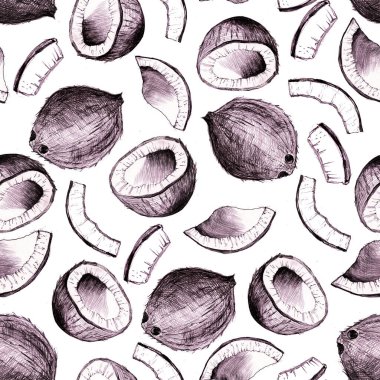 Meyve kalemi çizilmiş, elle çizilmiş hindistan cevizi ve tropikal yiyecekler..