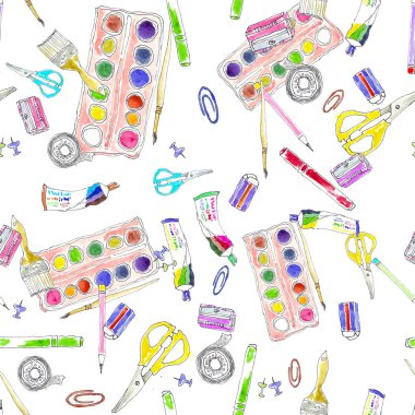 Kusursuz ofis aletleri, boyalar, selobant, makas, ataç, kalem açacağı, cetvel, suluboya el çizimi. Okula geri dön..