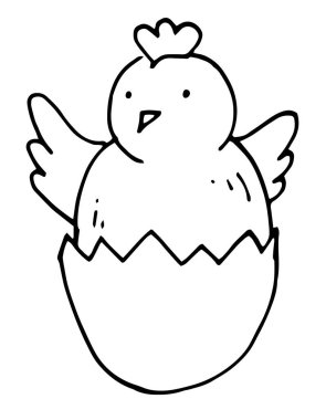 Yumurta kabuklu küçük tatlı bir piliç, yeni doğmuş, mutlu paskalya kuşu, tebrik kartı tasarımı, çocuklar için boyama sayfası.