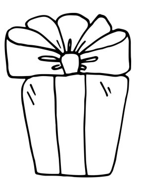 Hediye kutusu taslağı çizimi, vektör resmi, çocuklar için boyama sayfası. Tebrik kartı ögesi