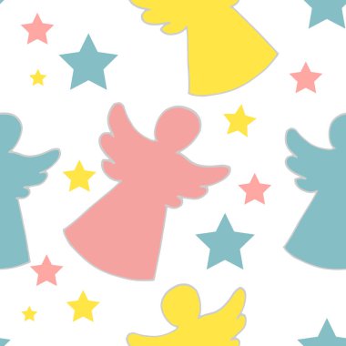 Melekler, yıldızlar, Noel ve Paskalya bayramlarıyla hoş bir düzen. Kumaş tasarımı, arka plan, ambalaj kağıdı. El çizimi illüstrasyon.