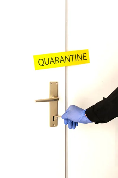 Coronavirus Quarantine Locked Room Hand Glove Closed Door Worldwild Pandemic — Stock Photo, Image