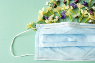 Koruyucu maske, bitkisel çiçekler, mavi arka planda. Coronavirus karantina gebeliği. Bahar alerjisi.