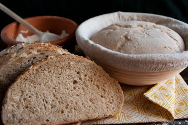 sourdough dough in proofing basket , whole wheat recipe. Rye flour bread slices. Home baked seed bread. Close up. clipart