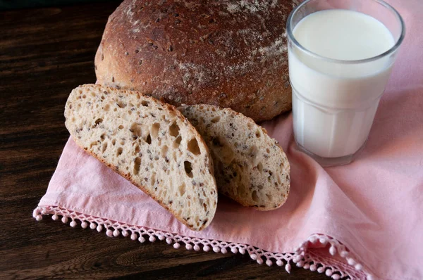 Sourdough Rye Bread Seeds Glass Milk Home Made Bakery Fresh — Stock Photo, Image