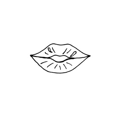 Tek elle çizilmiş dudaklar, beyaz arka planda izole edilmiş. Doodle vektör illüstrasyonu.