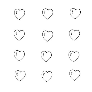 Sevgililer günü için el yapımı kalpler. Beyaz arka planda izole edilmiş. Doodle vektör illüstrasyonu.