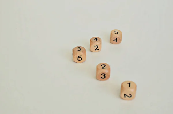 Five Wooden Dice Different Numbers White Background Close — 스톡 사진