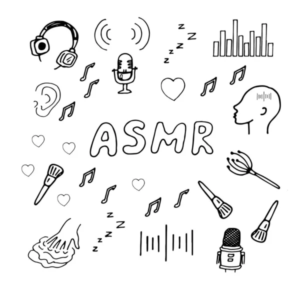 Handgezeichnetes Asmr Konzept Kopfhörer Kopfform Schallwellen Pinsel Doodle Vektorillustration — Stockvektor