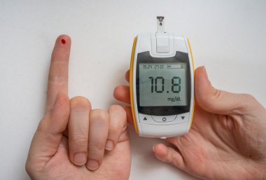 Diabetic patient is using glucometer to check glucose level. Blood on finger. clipart