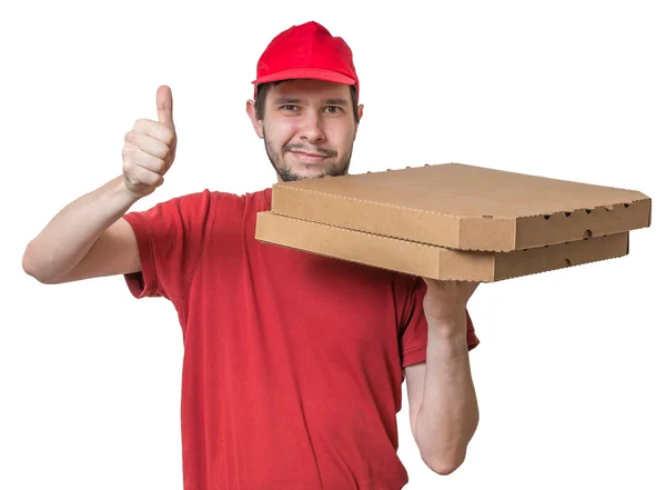 Pizza levering concept. Jonge jongen is het leveren van pizza in vakken. Geïsoleerd op witte achtergrond. — Stockfoto