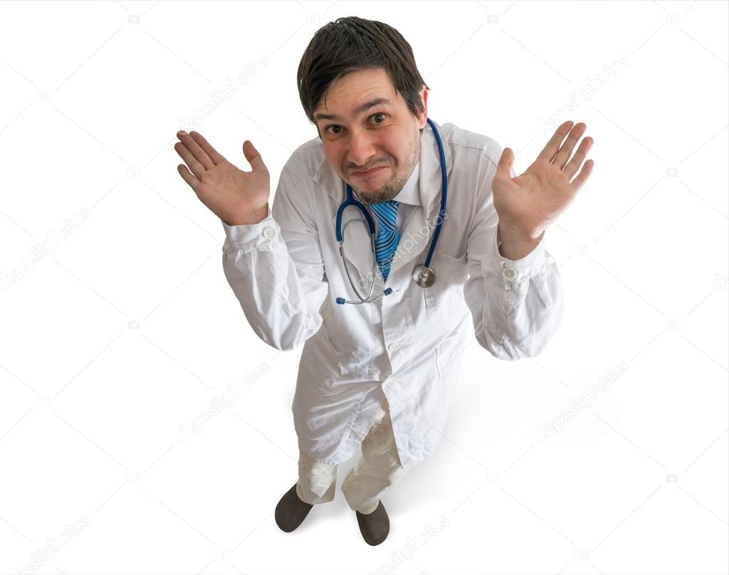 Confused, uncertain and unsure doctor apologizes. Failure concept. Isolated on white background.